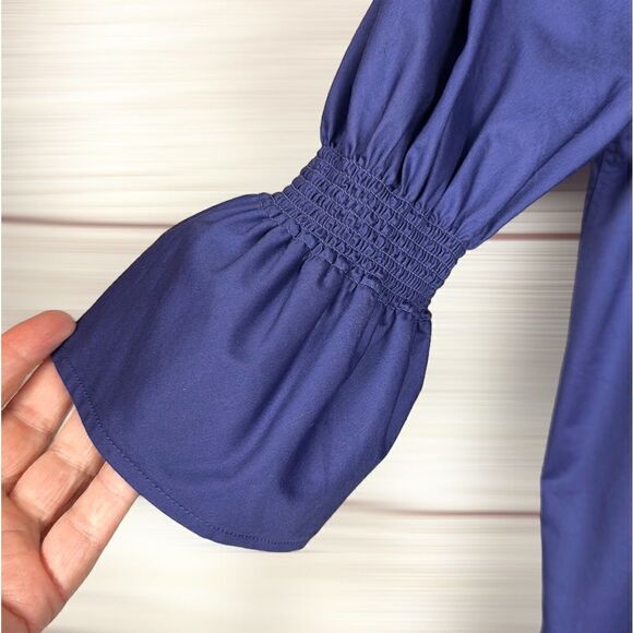 COS Royal Blue Cotton Sateen Blouse Oversized Top Smocked Bell Sleeves US 2 - Picture 7 of 16